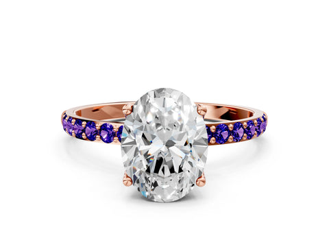 Rose gold Oval Cut Diamond Solitaire Engagement Ring with Round with Tanzanite side stone Pavé Band and Prong Setting
