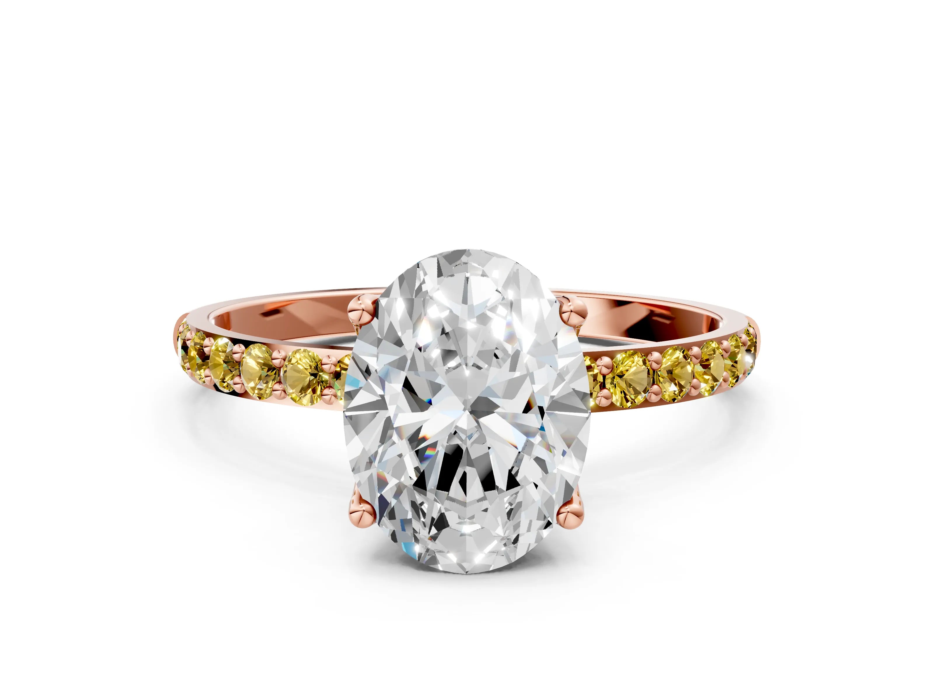 Rose gold Oval Cut Diamond Solitaire Engagement Ring with Round with Yellow Sapphire side stone Pavé Band and Prong Setting