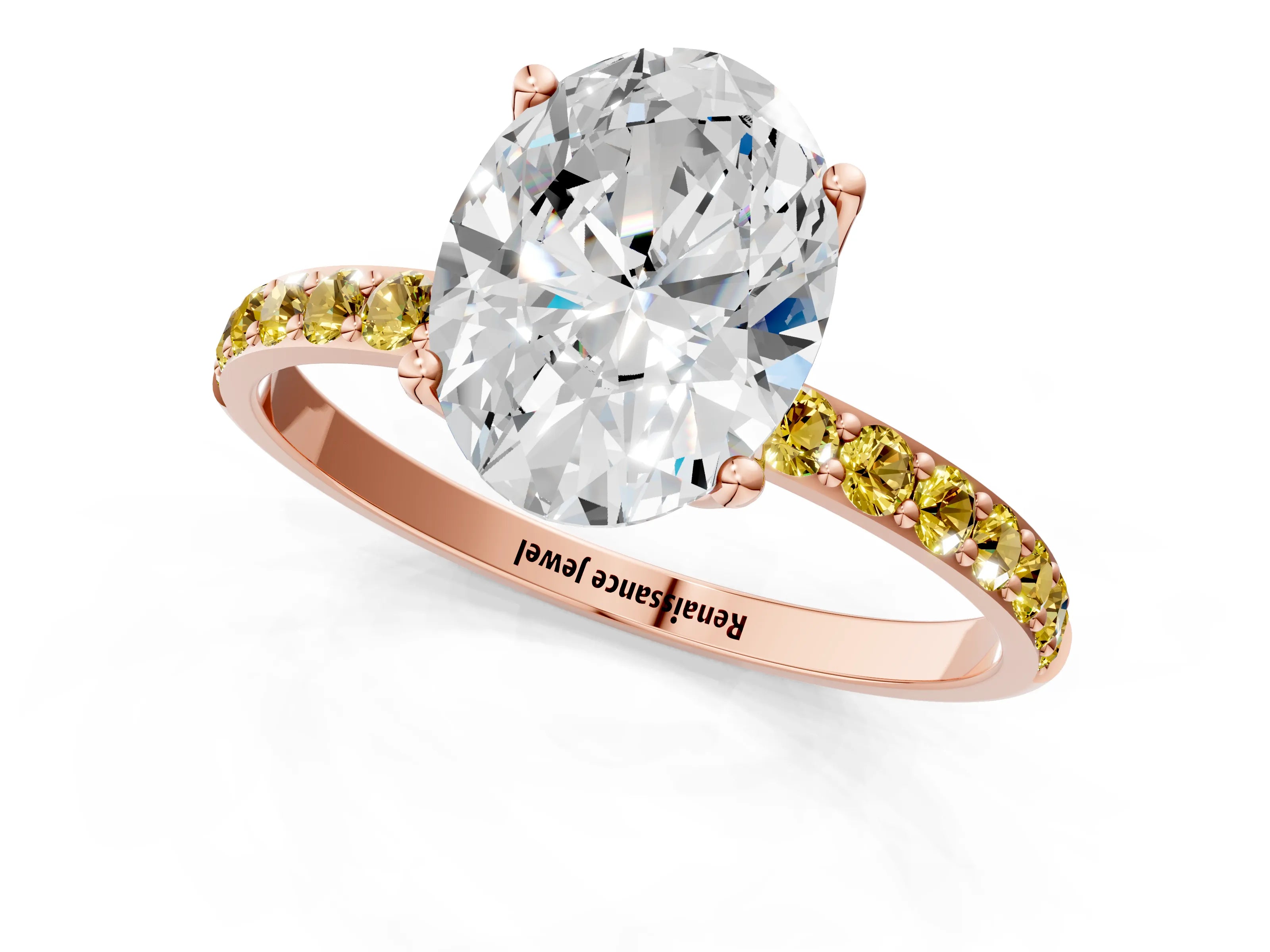 Rose gold Oval Cut Diamond Solitaire Engagement Ring with Round with Yellow Sapphire side stone Pavé Band and Prong Setting_1