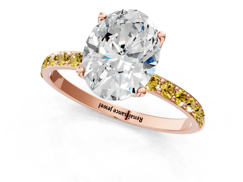 Rose gold Oval Cut Diamond Solitaire Engagement Ring with Round with Yellow Sapphire side stone Pavé Band and Prong Setting_1