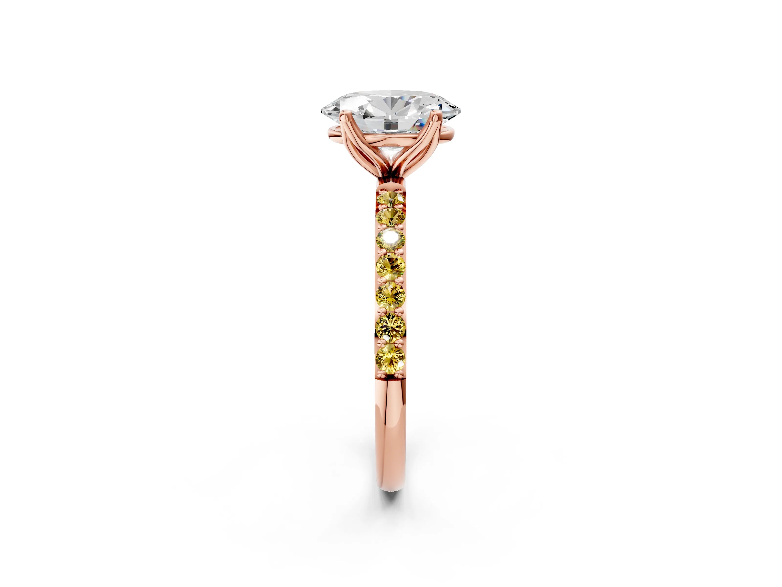 Rose gold Oval Cut Diamond Solitaire Engagement Ring with Round with Yellow Sapphire side stone Pavé Band and Prong Setting_2
