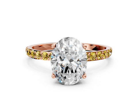 Rose gold Oval Cut Diamond Solitaire Engagement Ring with Round with Yellow Sapphire side stone Pavé Band and Prong Setting