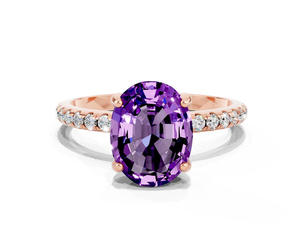 Rose gold Oval Cut Amethyst Hidden Halo Engagement Ring with Round Pavé Band and Prong Setting