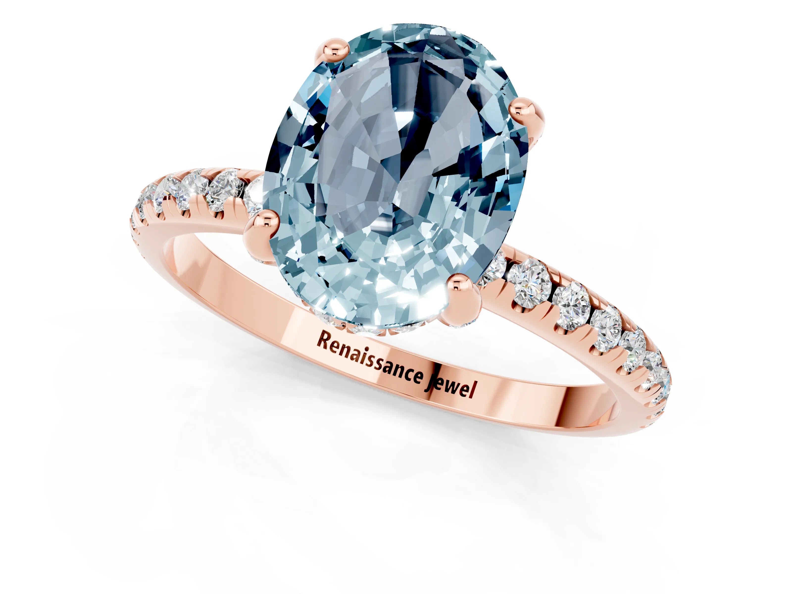 Rose gold Oval Cut Diamond Solitaire Ring with Four-Prong Setting and Pavé Band_1