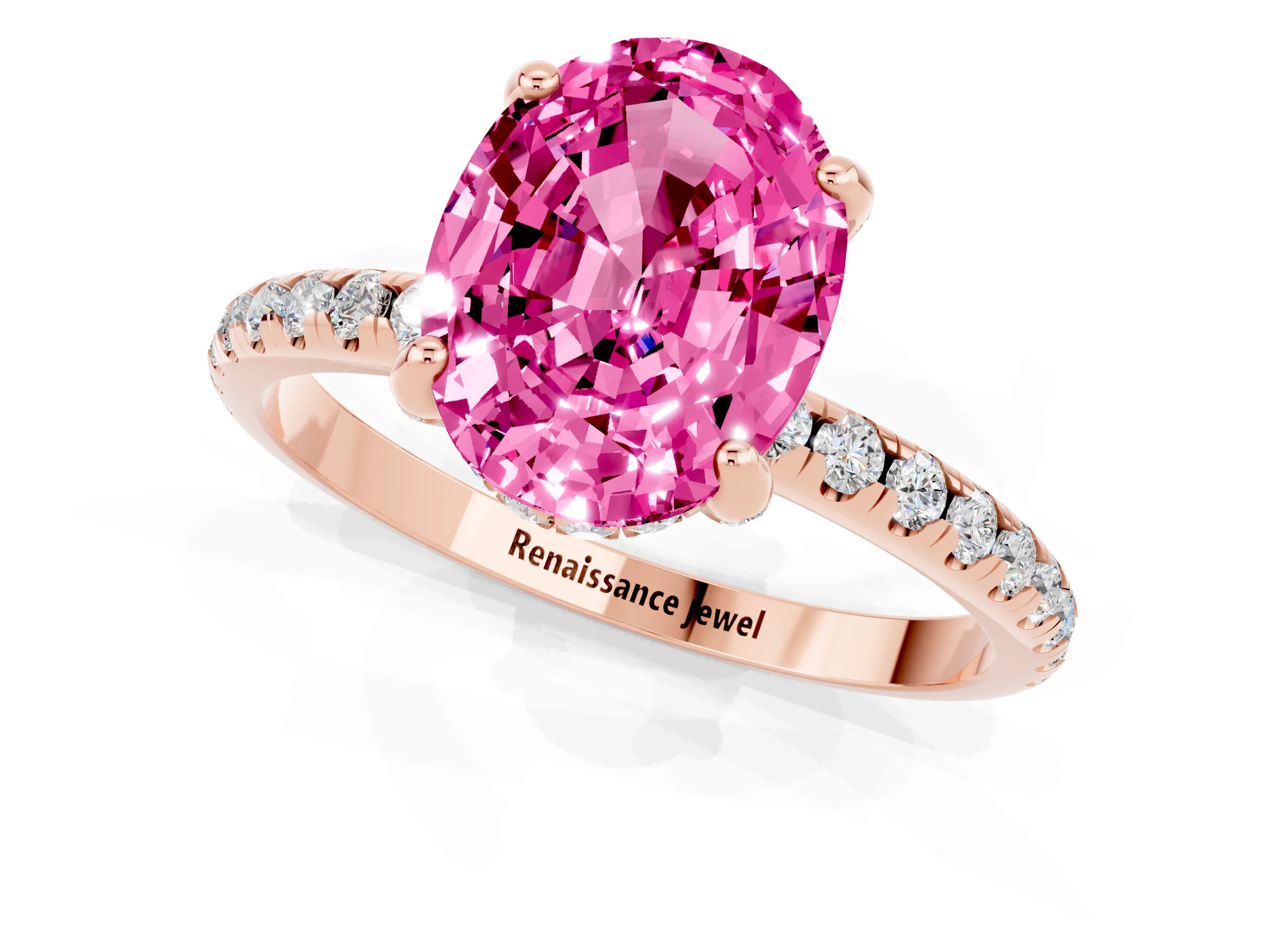 Rose gold Oval Cut Diamond Solitaire Ring with Four-Prong Setting and Pavé Band_1