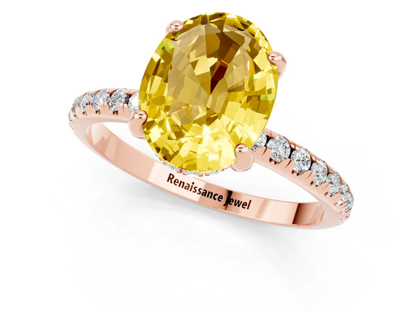 Rose gold Oval Cut Yellow Sapphire Hidden Halo Engagement Ring with Round Pavé Band and Prong Setting