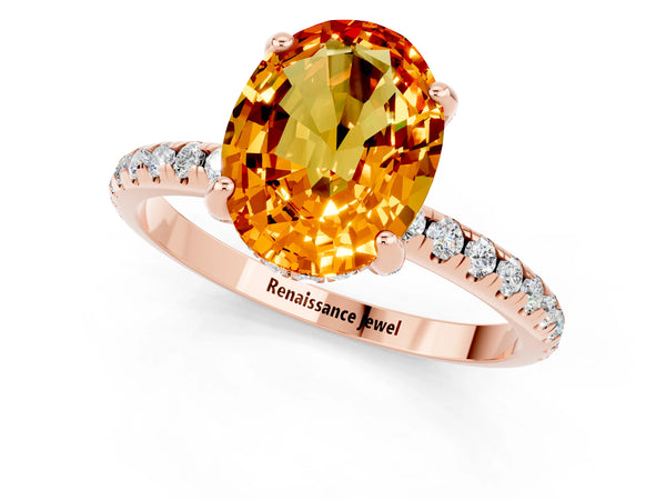 Rose gold Oval Cut Citrine Hidden Halo Engagement Ring with Round Pavé Band and Prong Setting