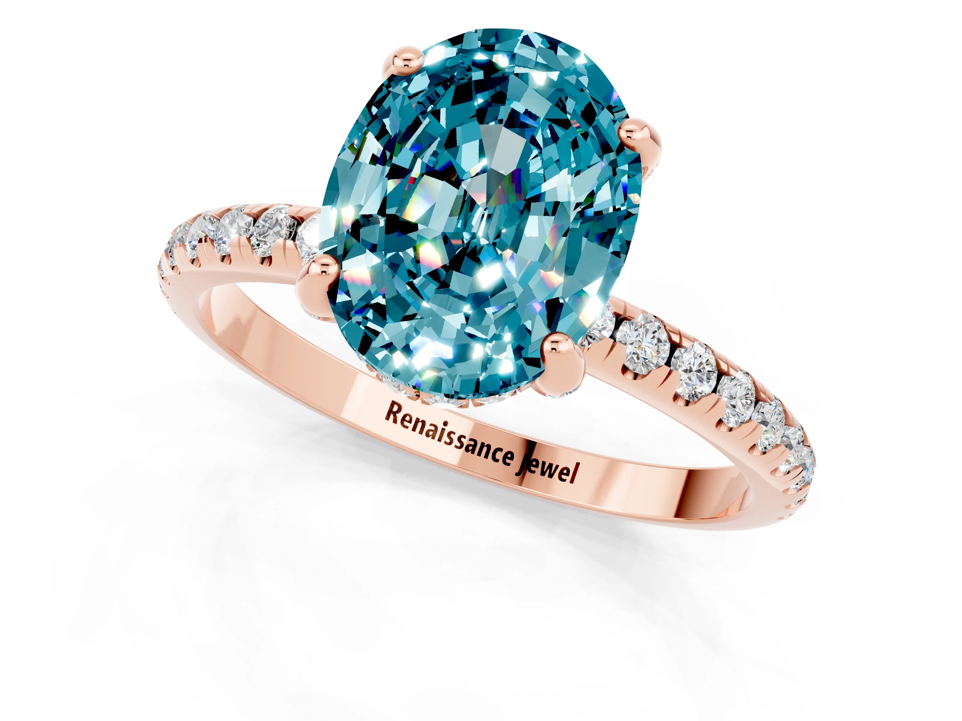 Rose gold Oval Cut Diamond Solitaire Ring with Four-Prong Setting and Pavé Band_1