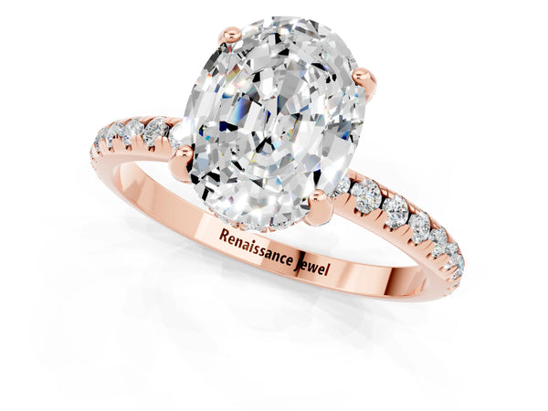 Rose gold Oval Cut Moissanite Hidden Halo Engagement Ring with Round Pavé Band and Prong Setting