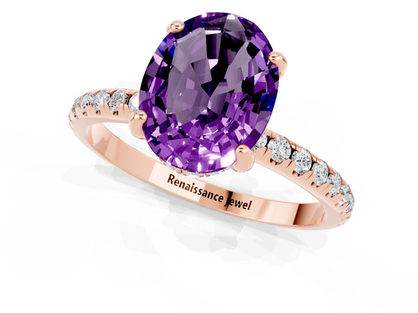 Rose gold Oval Cut Amethyst Hidden Halo Engagement Ring with Round Pavé Band and Prong Setting