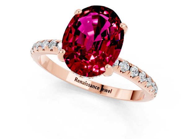 Rose gold Oval Cut Garnet Hidden Halo Engagement Ring with Round Pavé Band and Prong Setting