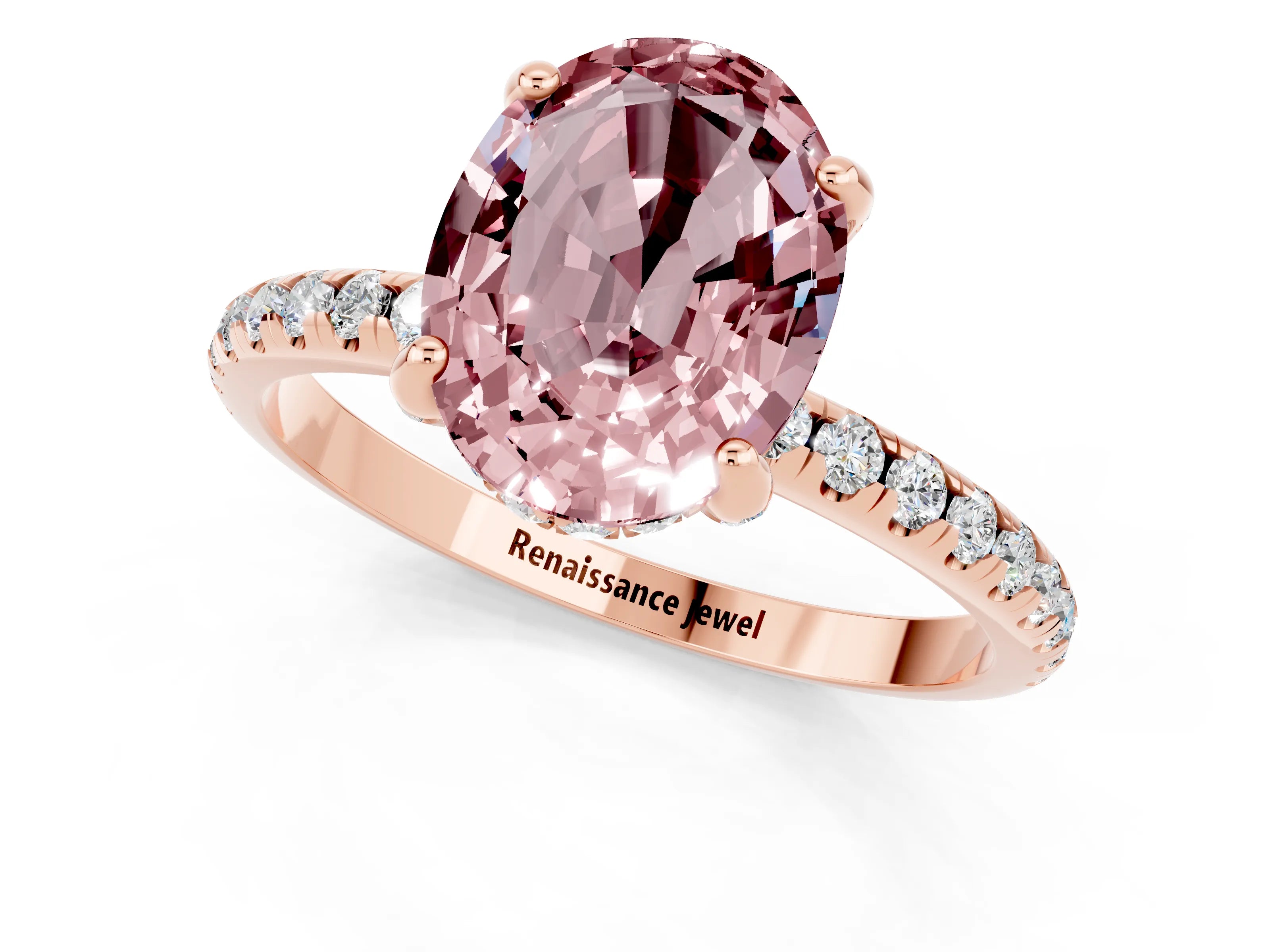 Rose gold Oval Cut Diamond Solitaire Ring with Four-Prong Setting and Pavé Band_1