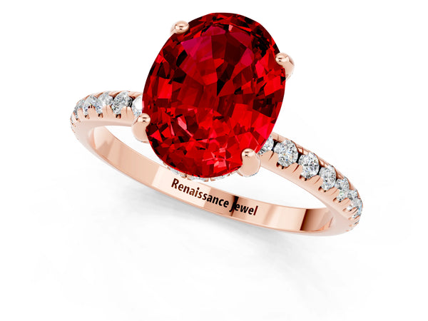 Rose gold Oval Cut Diamond Solitaire Ring with Four-Prong Setting and Pavé Band