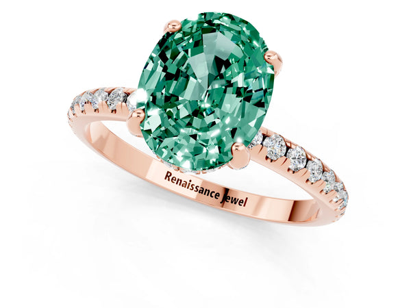 Rose gold Oval Cut Green Sapphire Hidden Halo Engagement Ring with Round Pavé Band and Prong Setting