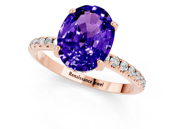Rose gold Oval Cut Tanzanite Hidden Halo Engagement Ring with Round Pavé Band and Prong Setting