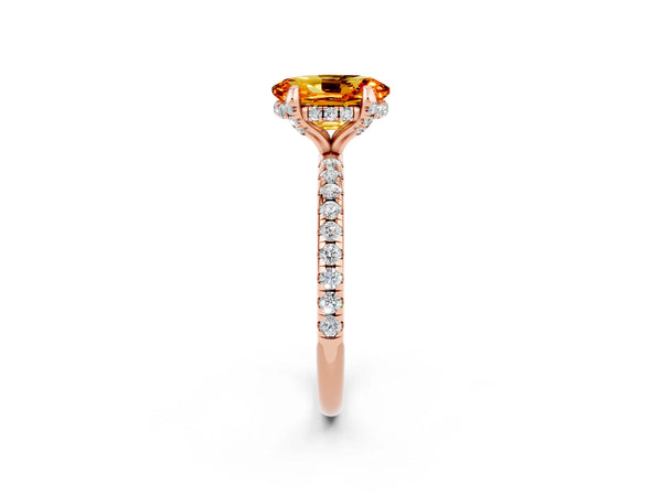Rose gold Oval Cut Citrine Hidden Halo Engagement Ring with Round Pavé Band and Prong Setting