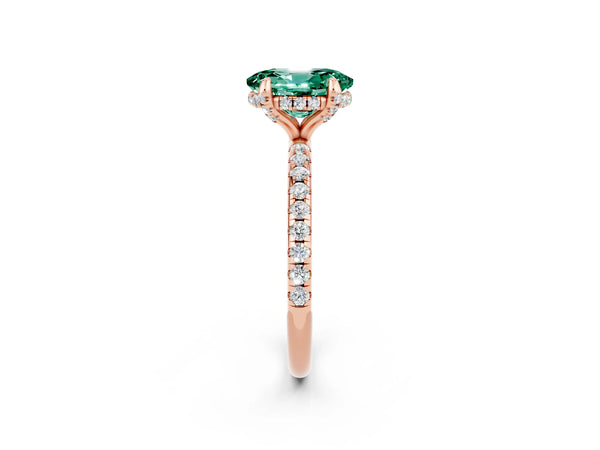 Rose gold Oval Cut Green Sapphire Hidden Halo Engagement Ring with Round Pavé Band and Prong Setting