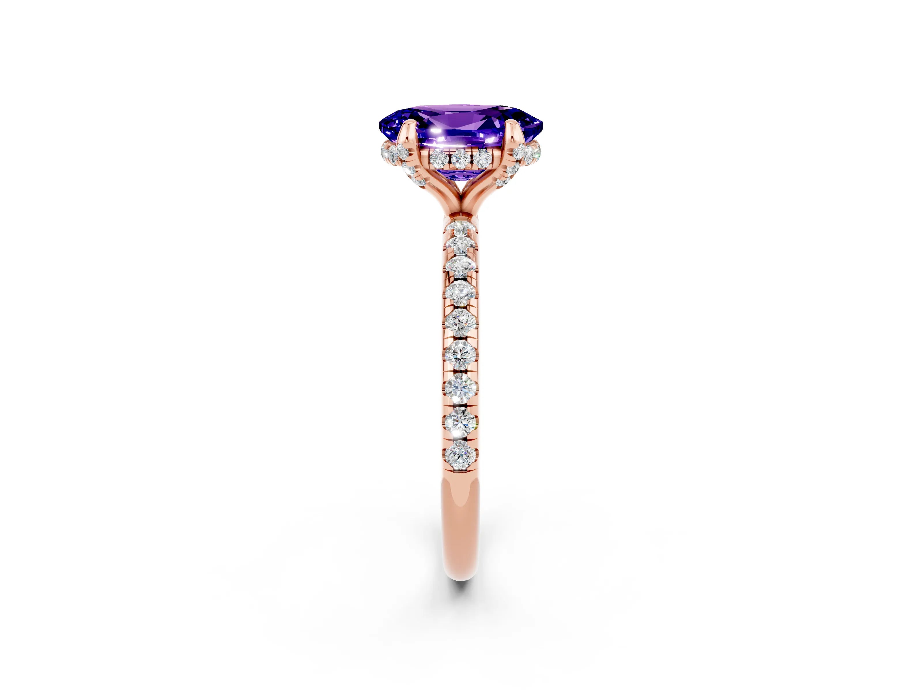 Rose gold Oval Cut Diamond Solitaire Ring with Four-Prong Setting and Pavé Band_2