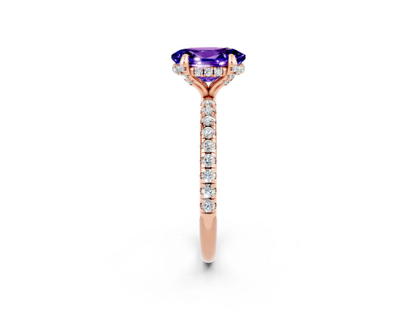 Rose gold Oval Cut Tanzanite Hidden Halo Engagement Ring with Round Pavé Band and Prong Setting