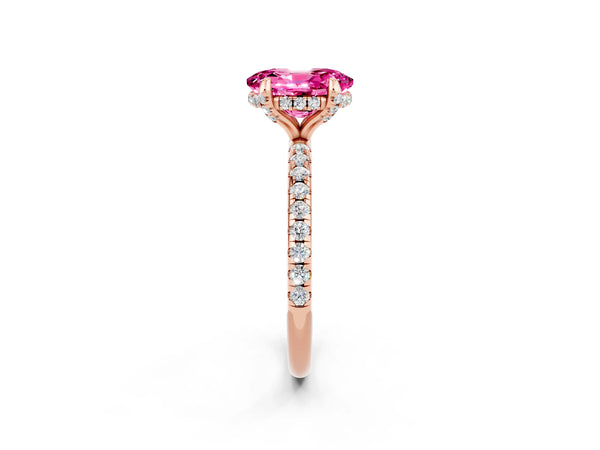 Rose gold Oval Cut Pink Sapphire Hidden Halo Engagement Ring with Round Pavé Band and Prong Setting