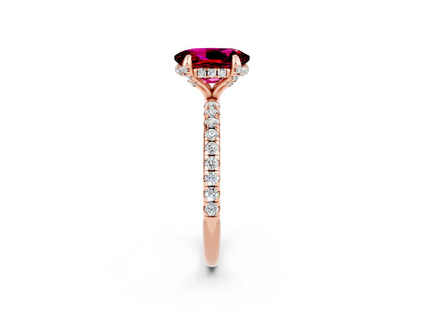 Rose gold Oval Cut Garnet Hidden Halo Engagement Ring with Round Pavé Band and Prong Setting
