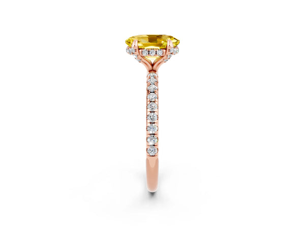 Rose gold Oval Cut Yellow Sapphire Hidden Halo Engagement Ring with Round Pavé Band and Prong Setting