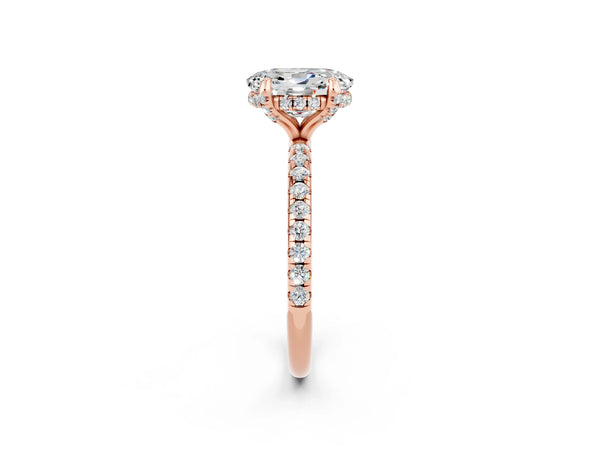 Rose gold Oval Cut Moissanite Hidden Halo Engagement Ring with Round Pavé Band and Prong Setting