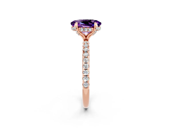 Rose gold Oval Cut Amethyst Hidden Halo Engagement Ring with Round Pavé Band and Prong Setting