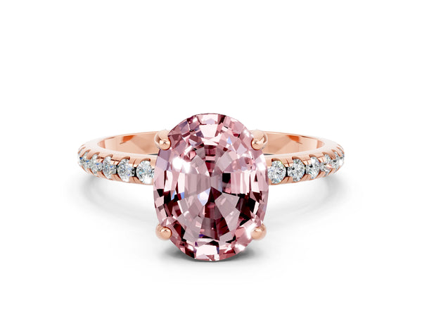 Rose gold Oval Cut Diamond Solitaire Ring with Four-Prong Setting and Pavé Band