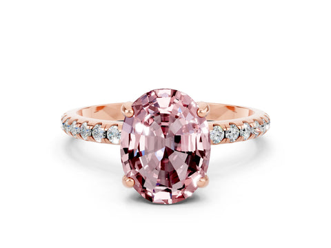 Rose gold Oval Cut Diamond Solitaire Ring with Four-Prong Setting and Pavé Band