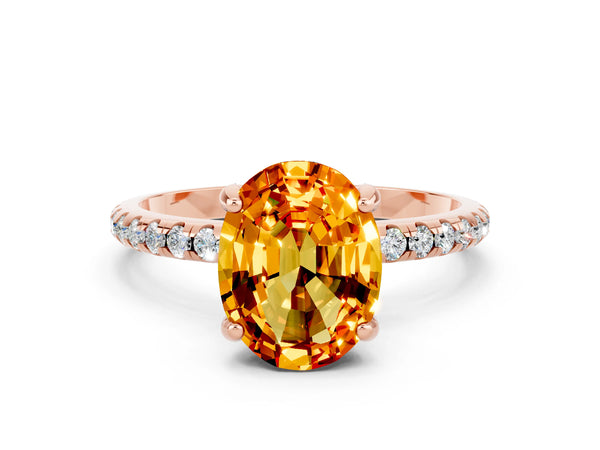 Rose gold Oval Cut Citrine Hidden Halo Engagement Ring with Round Pavé Band and Prong Setting