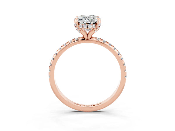 Rose gold Oval Cut Moissanite Hidden Halo Engagement Ring with Round Pavé Band and Prong Setting