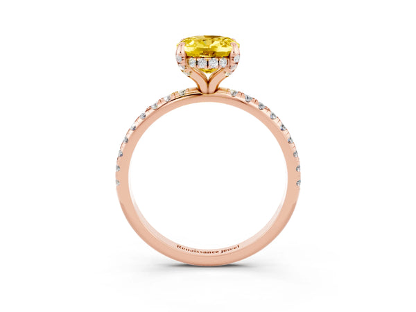 Rose gold Oval Cut Yellow Sapphire Hidden Halo Engagement Ring with Round Pavé Band and Prong Setting