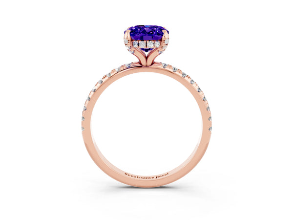 Rose gold Oval Cut Tanzanite Hidden Halo Engagement Ring with Round Pavé Band and Prong Setting