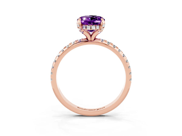 Rose gold Oval Cut Amethyst Hidden Halo Engagement Ring with Round Pavé Band and Prong Setting