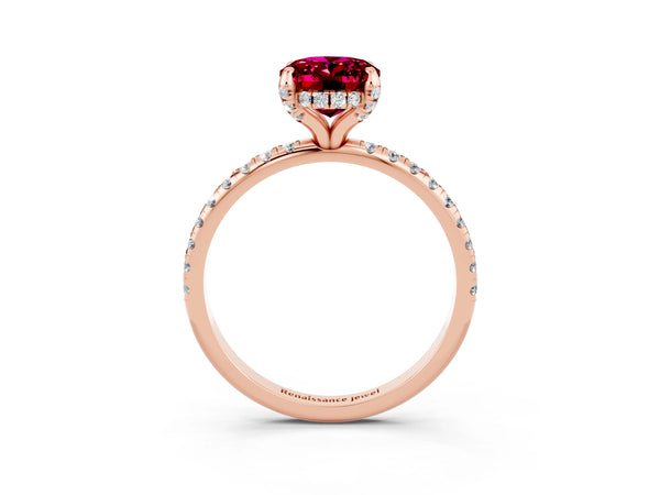 Rose gold Oval Cut Garnet Hidden Halo Engagement Ring with Round Pavé Band and Prong Setting
