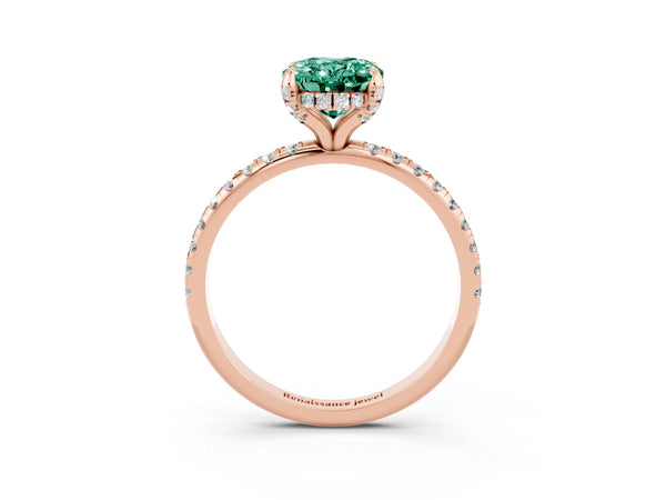Rose gold Oval Cut Green Sapphire Hidden Halo Engagement Ring with Round Pavé Band and Prong Setting