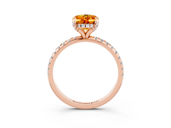 Rose gold Oval Cut Citrine Hidden Halo Engagement Ring with Round Pavé Band and Prong Setting