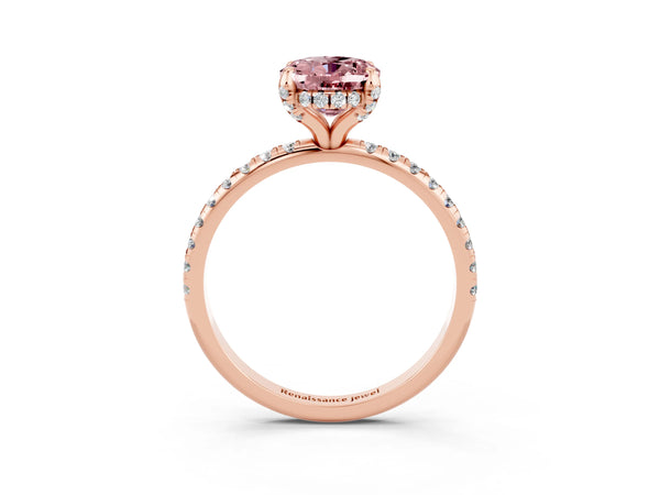Rose gold Oval Cut Diamond Solitaire Ring with Four-Prong Setting and Pavé Band
