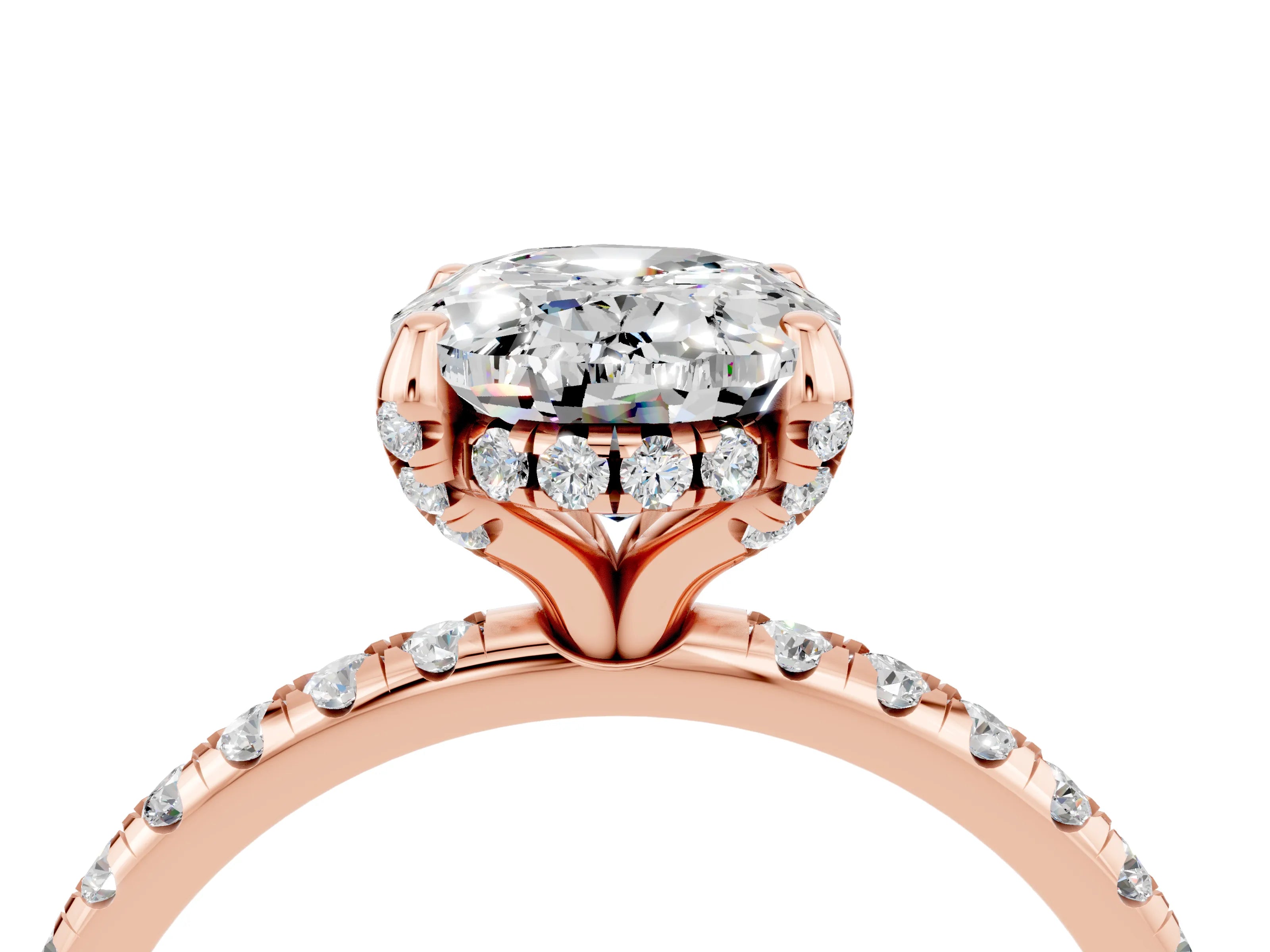 Rose gold Oval Cut Diamond Solitaire Ring with Four-Prong Setting and Pavé Band_4