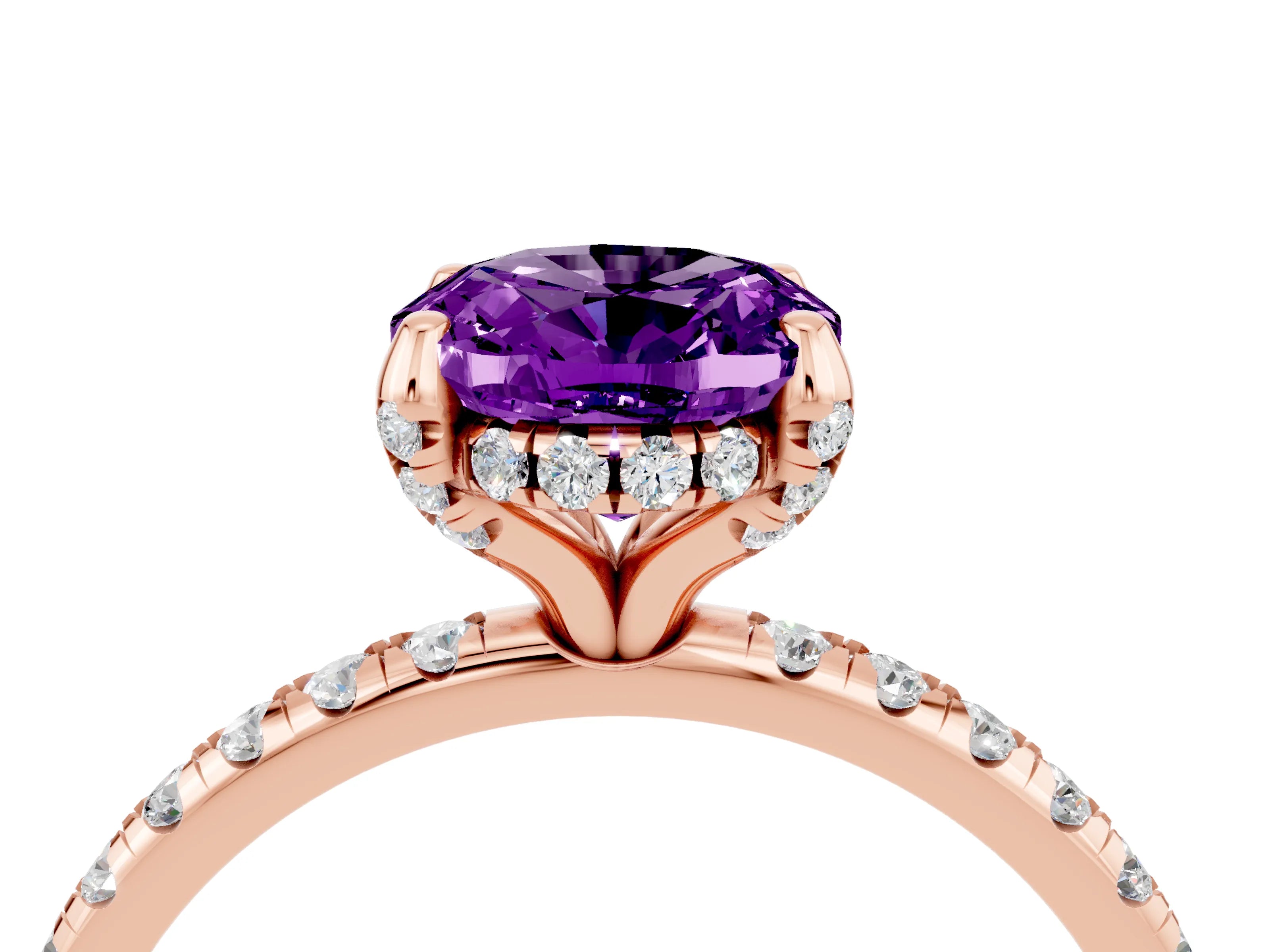 Rose gold Oval Cut Diamond Solitaire Ring with Four-Prong Setting and Pavé Band_4