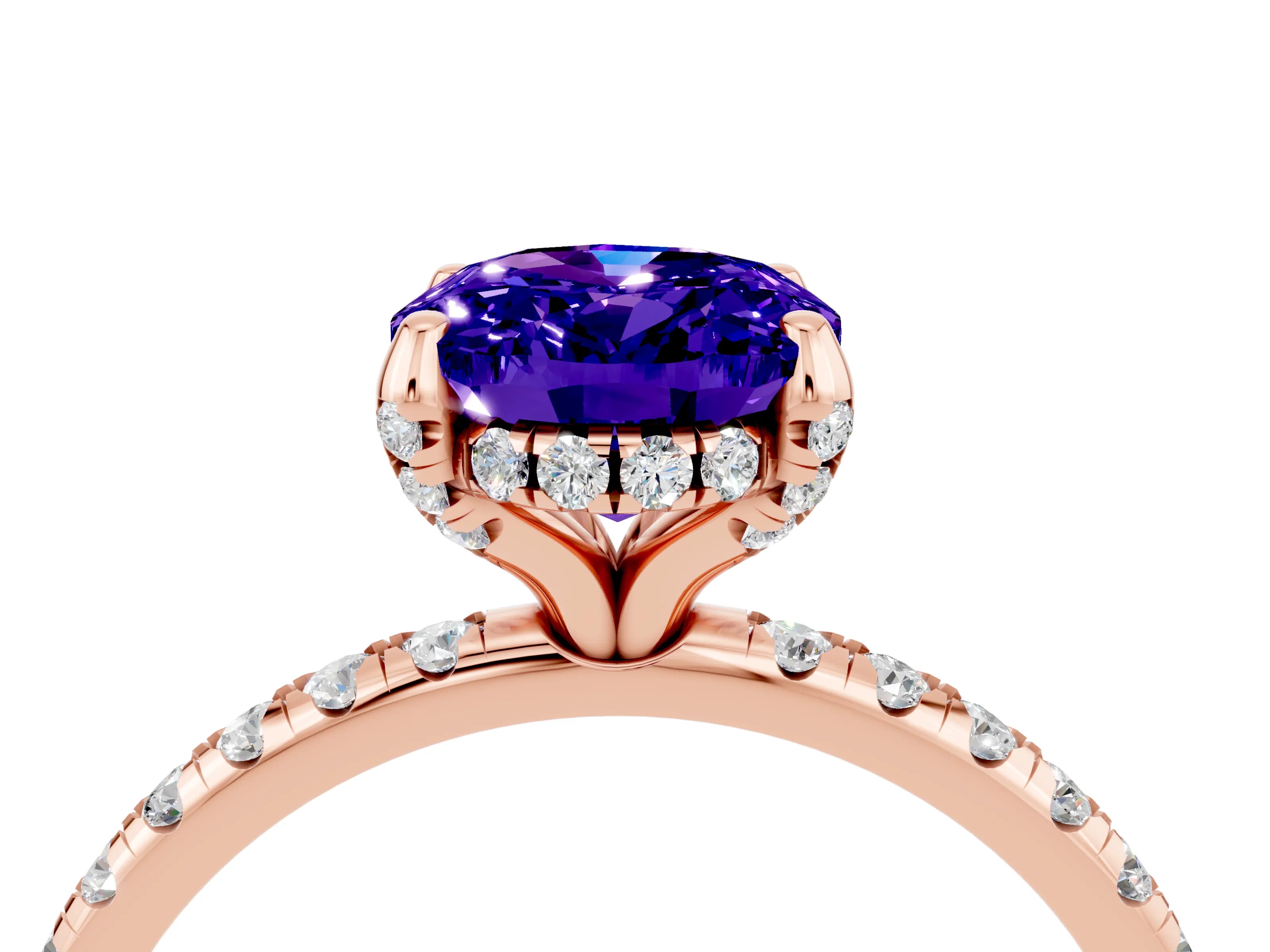 Rose gold Oval Cut Diamond Solitaire Ring with Four-Prong Setting and Pavé Band_4