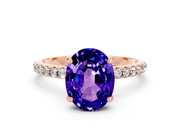 Rose gold Oval Cut Tanzanite Hidden Halo Engagement Ring with Round Pavé Band and Prong Setting