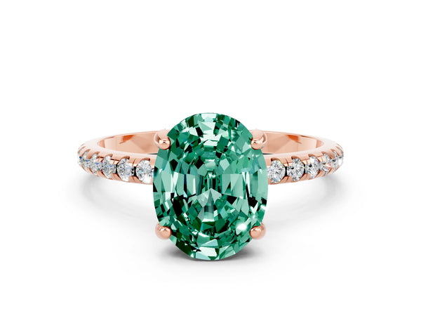Rose gold Oval Cut Green Sapphire Hidden Halo Engagement Ring with Round Pavé Band and Prong Setting