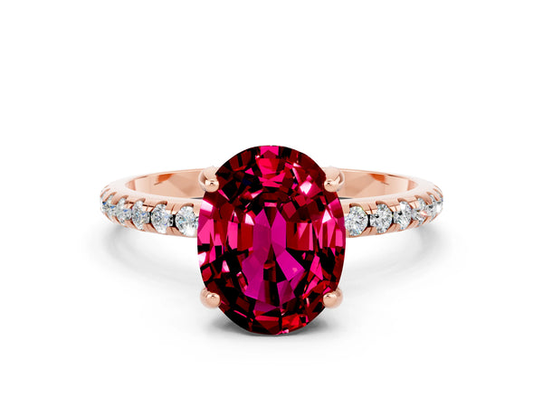 Rose gold Oval Cut Garnet Hidden Halo Engagement Ring with Round Pavé Band and Prong Setting