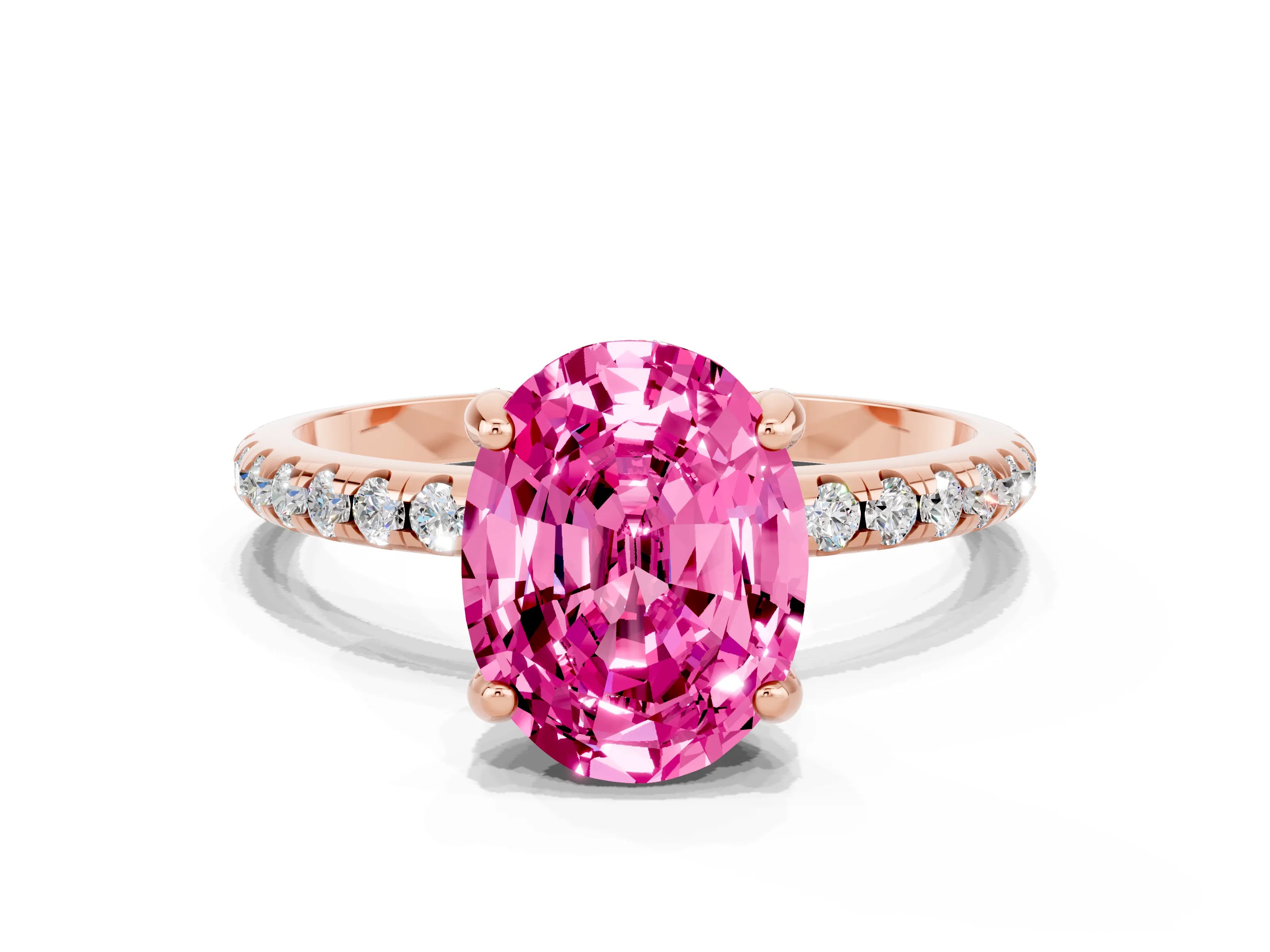 Rose gold Oval Cut Diamond Solitaire Ring with Four-Prong Setting and Pavé Band