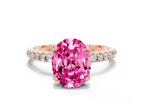 Rose gold Oval Cut Diamond Solitaire Ring with Four-Prong Setting and Pavé Band
