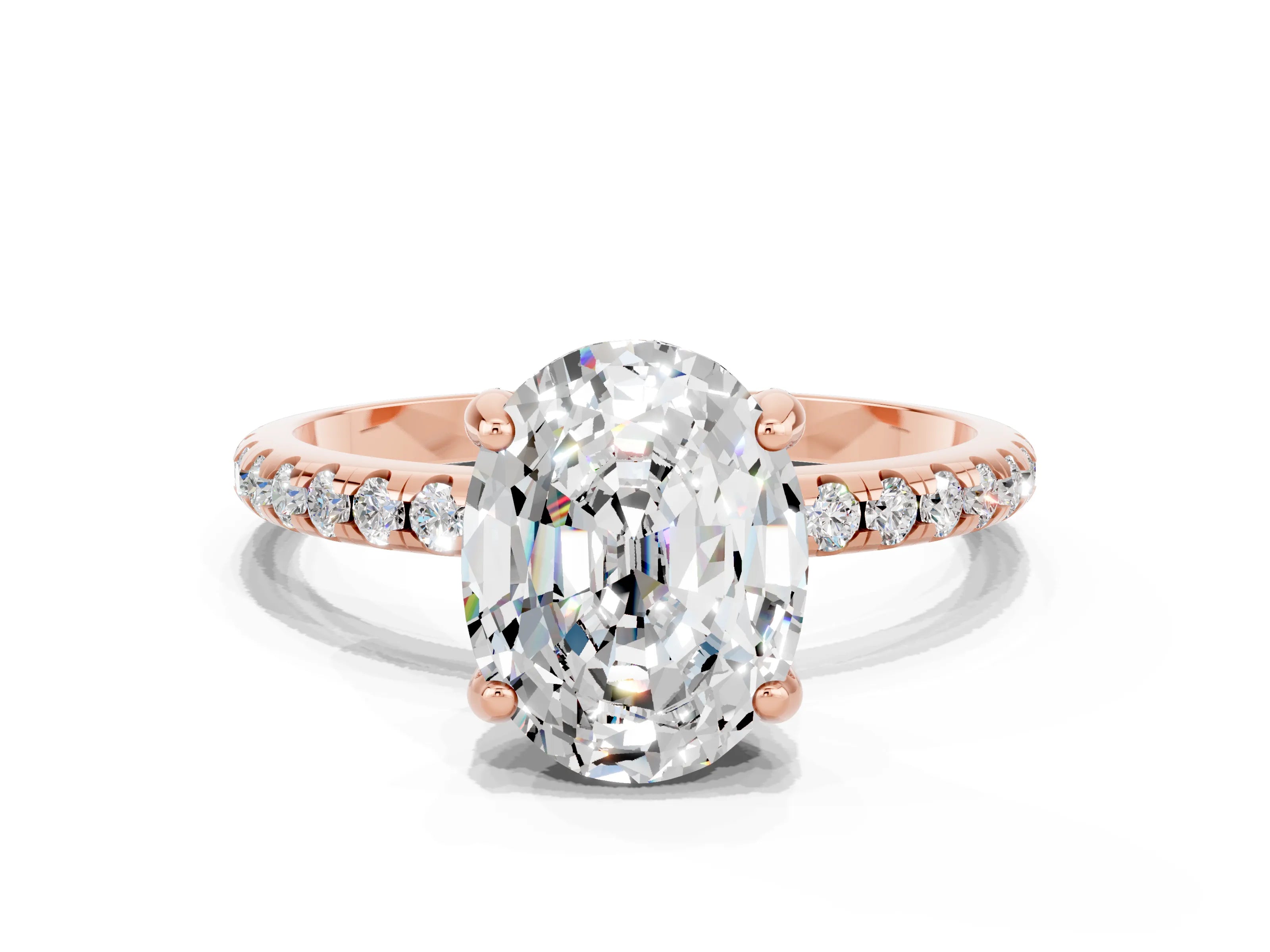 Rose gold Oval Cut Diamond Solitaire Ring with Four-Prong Setting and Pavé Band