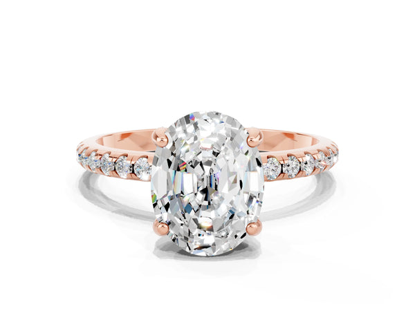 Rose gold Oval Cut Moissanite Hidden Halo Engagement Ring with Round Pavé Band and Prong Setting