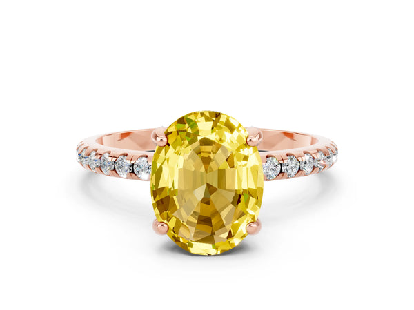 Rose gold Oval Cut Yellow Sapphire Hidden Halo Engagement Ring with Round Pavé Band and Prong Setting